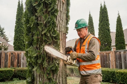 Arboriste professionnel en train d'abattre un grand cyprès dans un jardin résidentiel avec une tronçonneuse