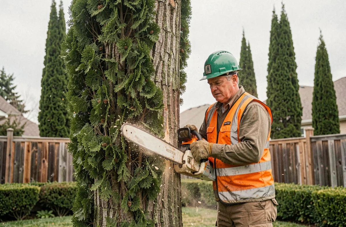 Arboriste professionnel en train d'abattre un grand cyprès dans un jardin résidentiel avec une tronçonneuse
