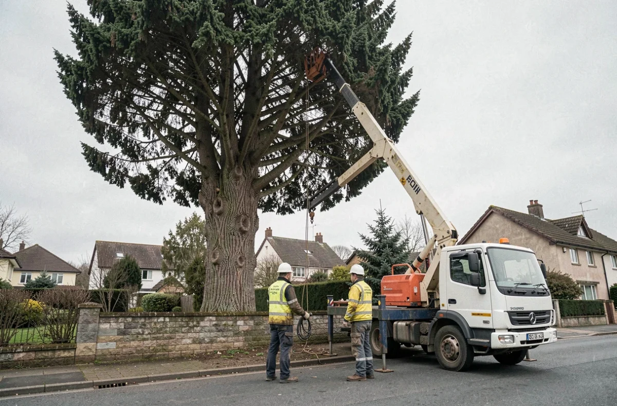 Équipe d'arboristes avec une nacelle prête à abattre un très grand cyprès en zone résidentielle