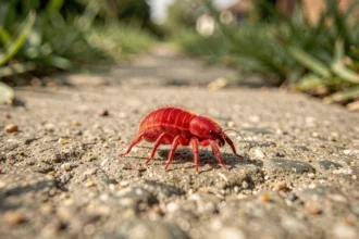 Gros plan d'un petit acarien rouge vif marchant sur une allée de jardin en béton au soleil, illustrant les petites bestioles rouges visibles au printemps