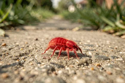 Gros plan d'un petit acarien rouge vif marchant sur une allée de jardin en béton au soleil, illustrant les petites bestioles rouges visibles au printemps