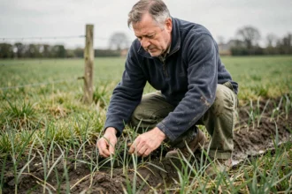 Agriculteur normand inspectant des plantules de ray-grass anglais en sursemis dans une prairie permanente au printemps