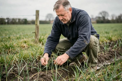 Agriculteur normand inspectant des plantules de ray-grass anglais en sursemis dans une prairie permanente au printemps