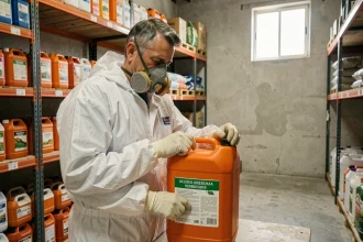 Agriculteur espagnol en combinaison de protection lisant l'étiquette d'un herbicide Roundup dans un entrepôt agricole