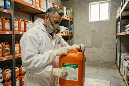Agriculteur espagnol en combinaison de protection lisant l'étiquette d'un herbicide Roundup dans un entrepôt agricole