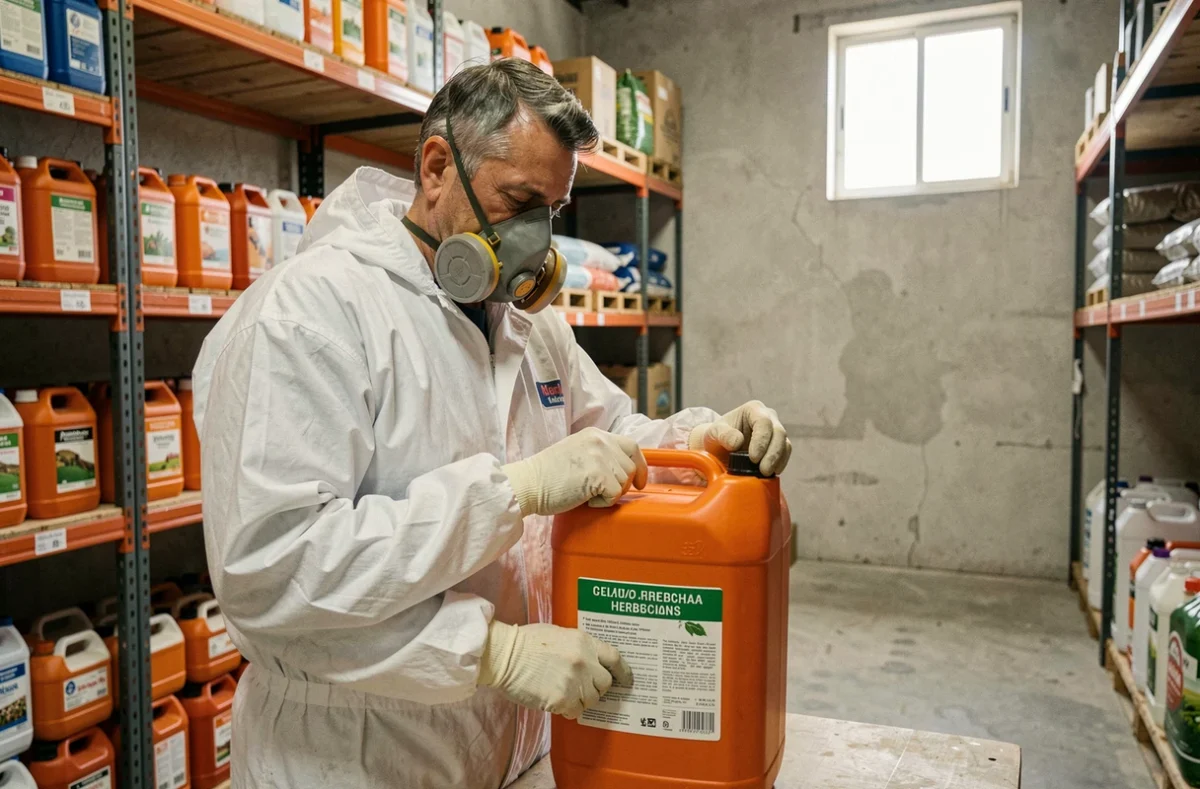 Agriculteur espagnol en combinaison de protection lisant l'étiquette d'un herbicide Roundup dans un entrepôt agricole