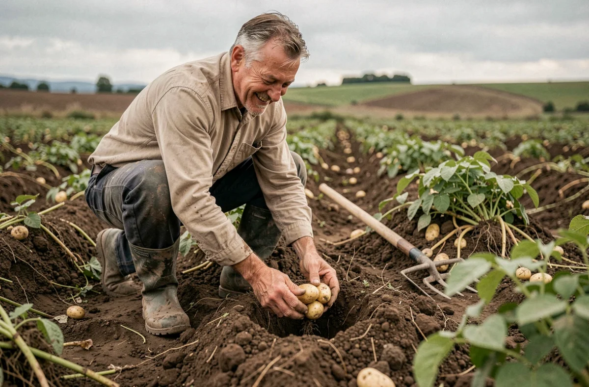 Agriculteur récoltant des pommes de terre Columbia dans un champ cultivé avec sol riche en terre brune