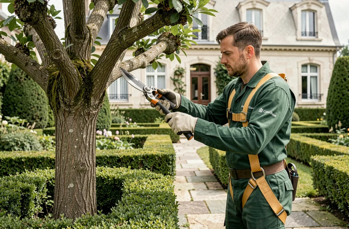 Paysagiste élagueur d'Alinea Paysage taillant un arbre dans un jardin résidentiel à Colombes