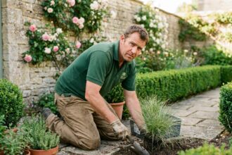 Paysagiste professionnel en train de planter des graminées ornementales dans un jardin aménagé en Gironde