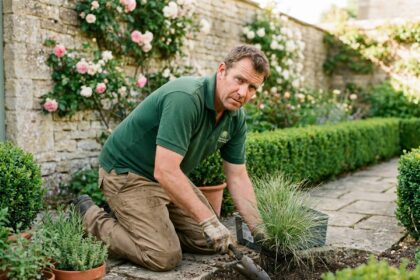 Paysagiste professionnel en train de planter des graminées ornementales dans un jardin aménagé en Gironde