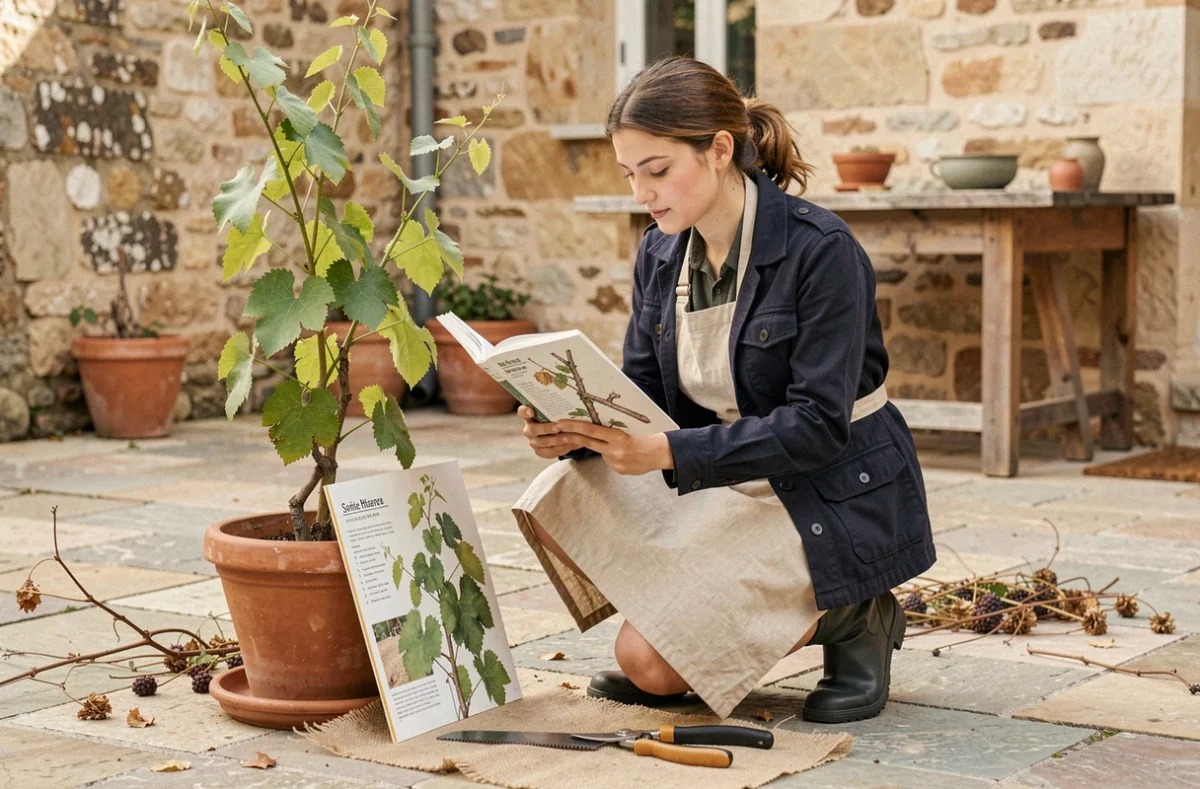 Jeune femme apprenant à tailler une vigne en pot sur une terrasse en pierre à l'aide d'un guide illustré et d'outils de jardinage