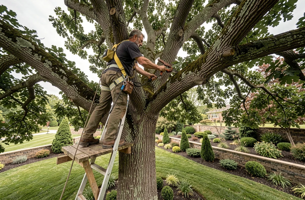 Un arboriste d'Arborésens équipé d'un harnais taille un grand chêne mature dans une propriété résidentielle avec pelouse et mur de jardin en pierre