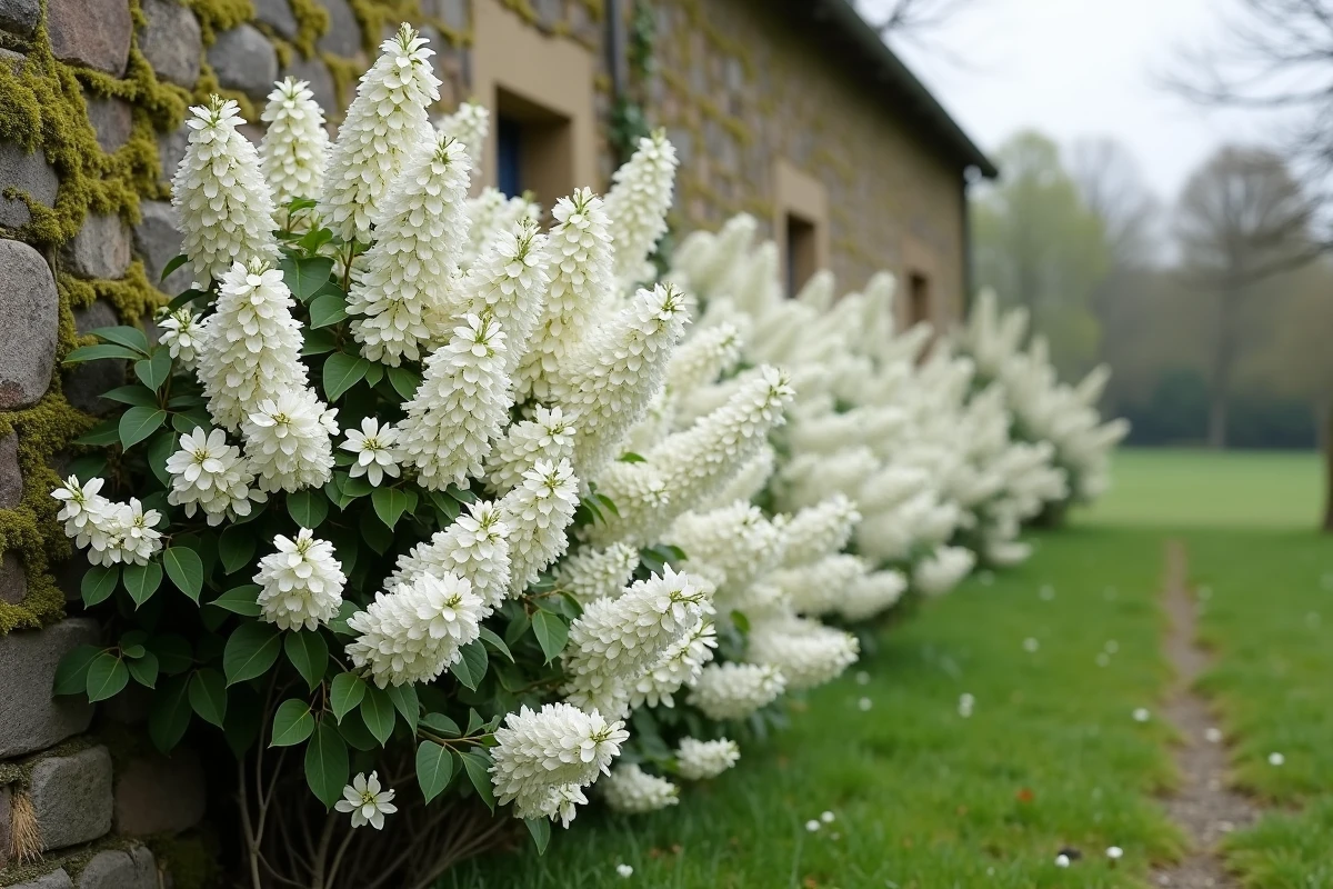 Arbuste à fleurs blanches en pleine floraison printanière contre un vieux mur de pierres dans un jardin de campagne