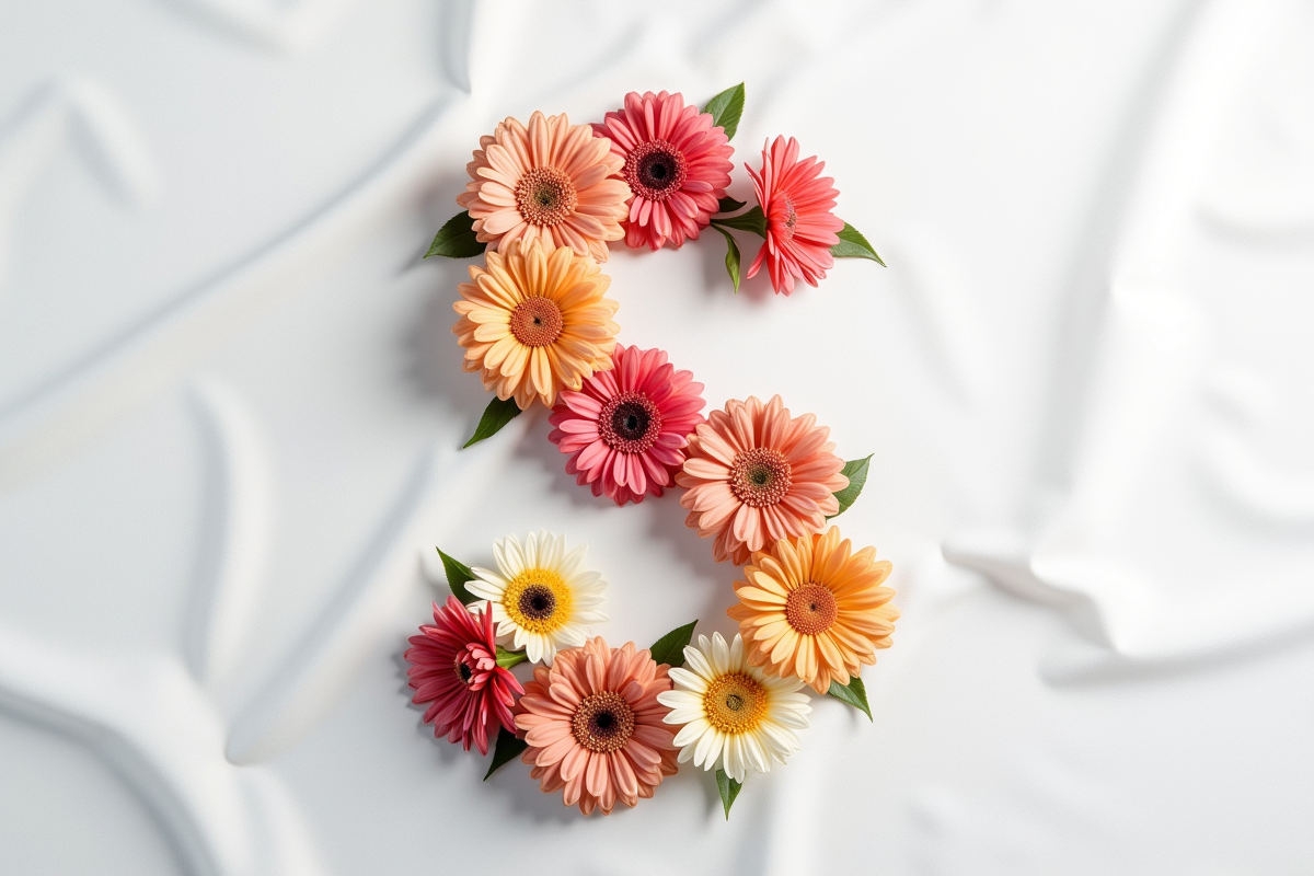 Arrangement floral en forme de S sur une nappe blanche