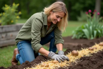 Femme jardinant des pommes de terre sous un paillage de paille dans un potager au printemps