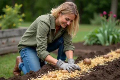 Femme jardinant des pommes de terre sous un paillage de paille dans un potager au printemps