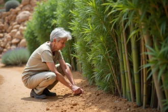 Femme plantant une haie de bambou non traçant le long d'un mur en pierre sèche dans un jardin méditerranéen en climat sec