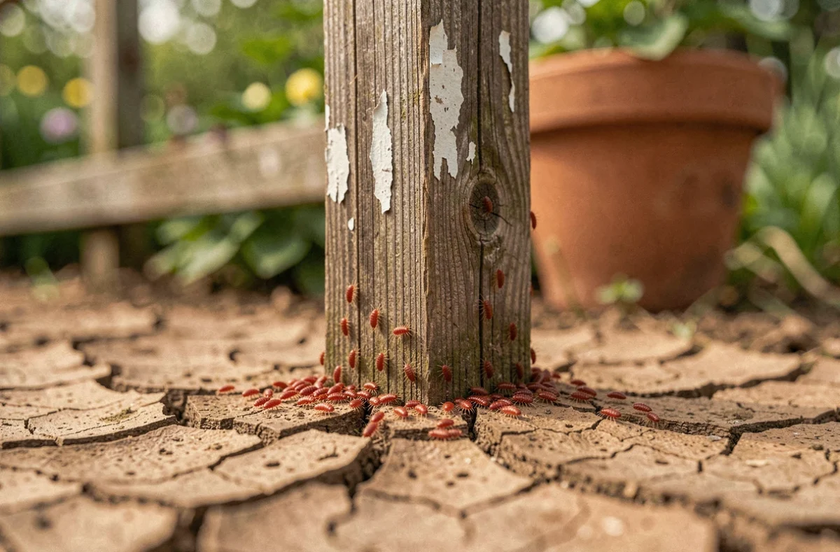 Petites bestioles rouges regroupées au pied d'un poteau de clôture en bois de jardin par temps ensoleillé, vue rapprochée naturaliste printanière