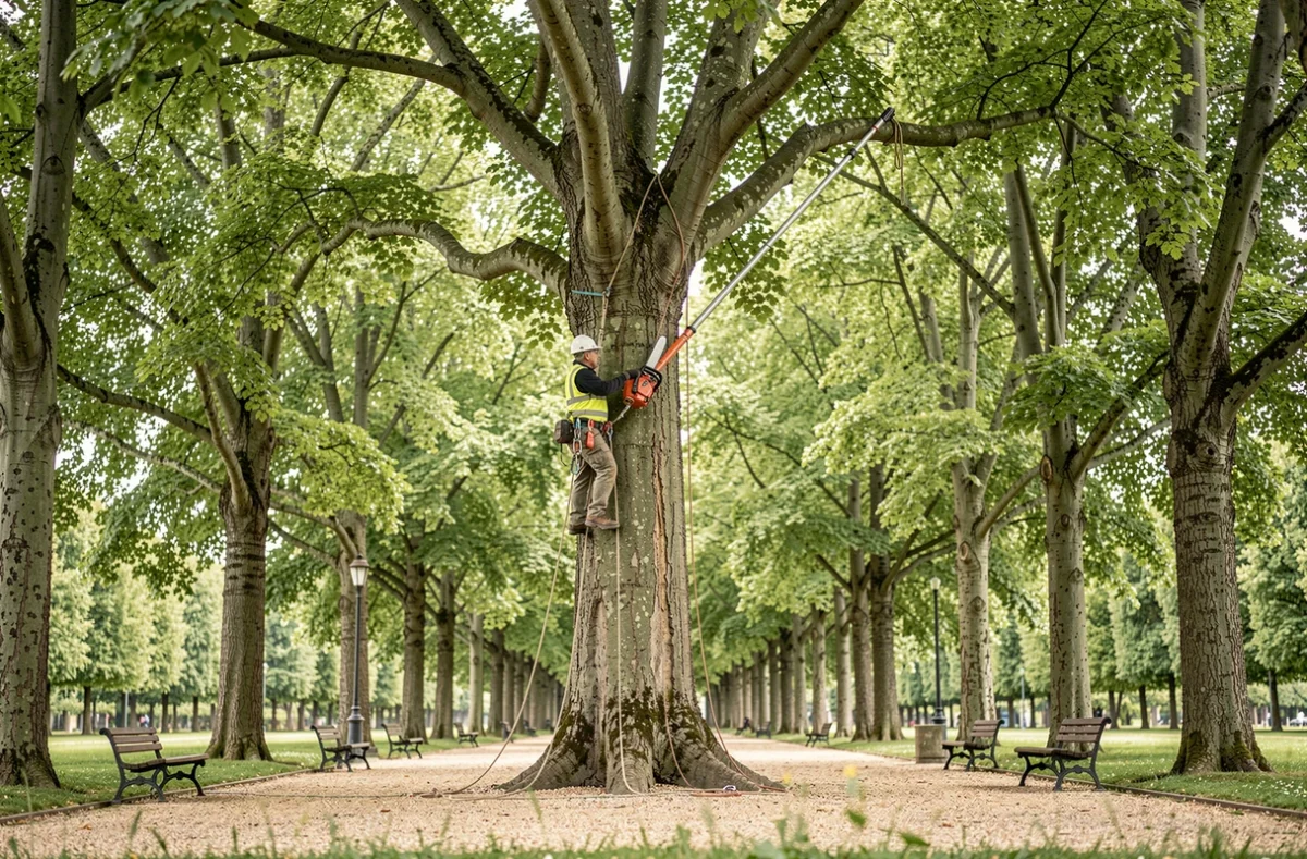 Élagueur de Big Arbre grimpant un immense platane dans un parc public des Yvelines