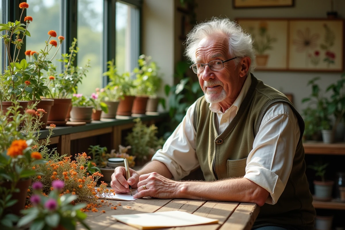 Botaniste âgé dans un conservatoire avec échantillons de waxflowers