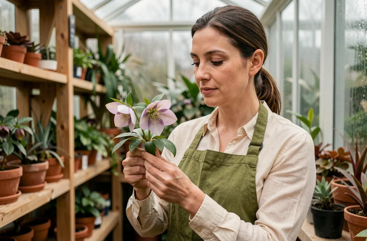 Botaniste tenant une hellébore rare avec des gouttes de rosée dans une serre de pépinière aux tons verts et terreux