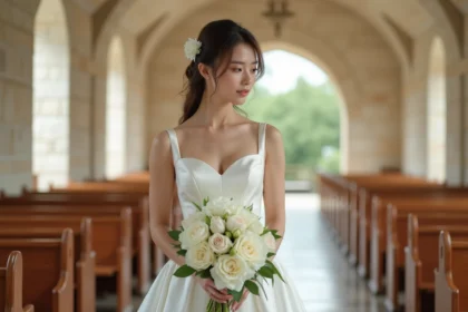 Mariée tenant un bouquet de fleurs blanches composé de pivoines et gardénias dans une chapelle en pierre, robe en satin ivoire