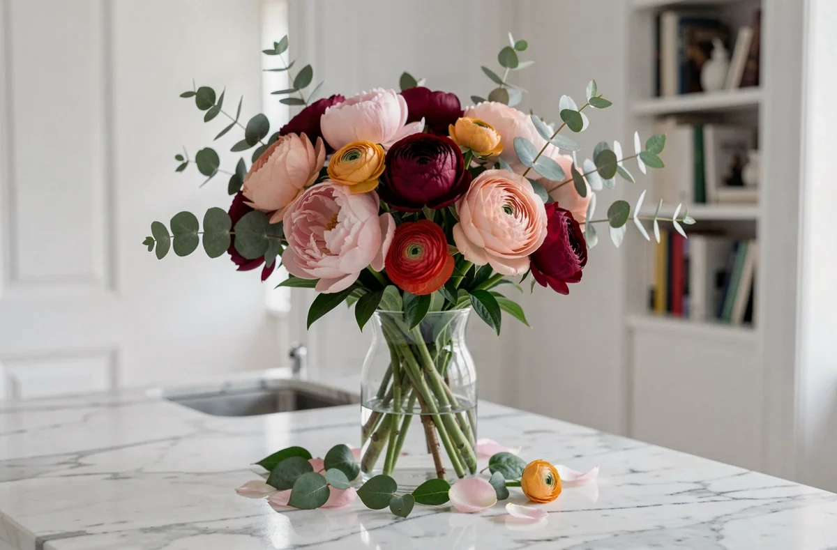 Bouquet de pivoines et roses livré par Promesse de Fleurs dans un vase en verre sur marbre blanc