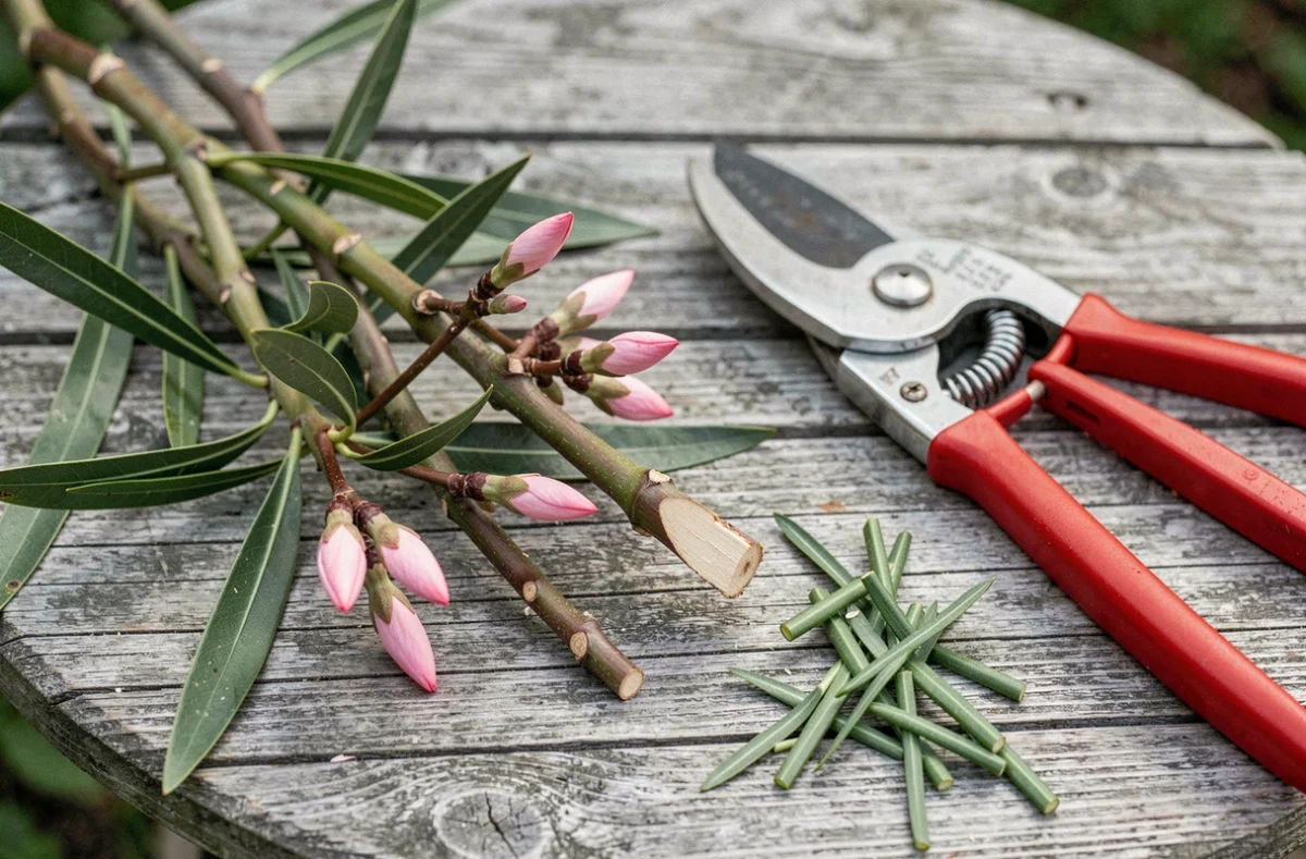 Gros plan sur des boutons de laurier rose et un sécateur après une taille soigneuse sur une table en bois