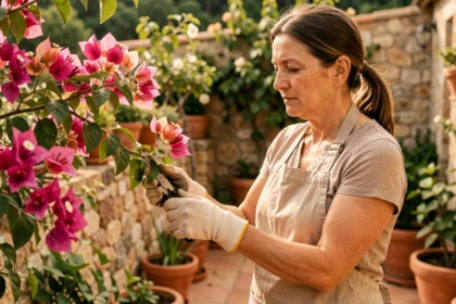 Femme bouturant un bougainvillier sur une terrasse méditerranéenne avec des gants de jardinage