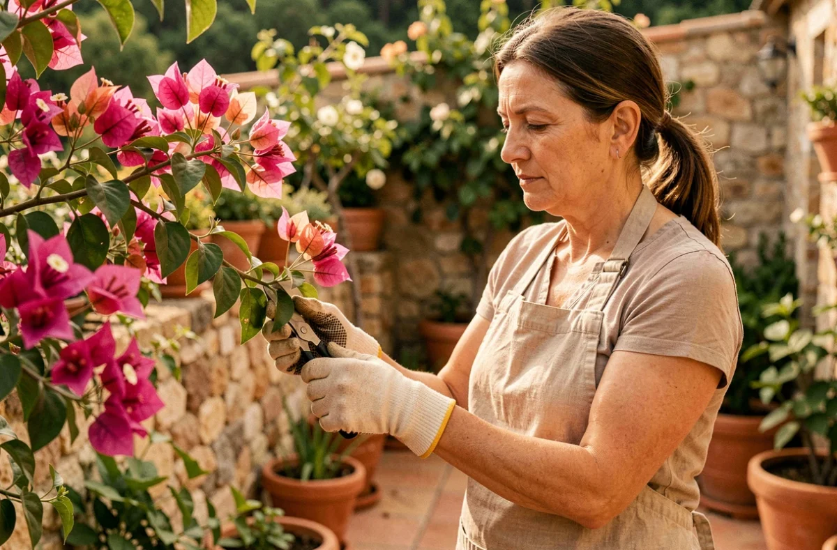 Femme bouturant un bougainvillier sur une terrasse méditerranéenne avec des gants de jardinage