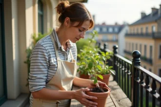 Femme réalisant le bouturage d'un chèvrefeuille dans un pot en terre cuite sur un balcon urbain