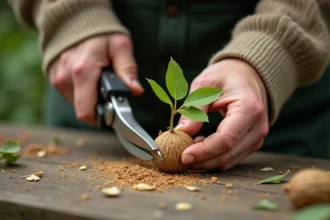 Mains de jardinier coupant un jeune rameau de noyer pour réaliser une bouture, sur un établi en bois rustique