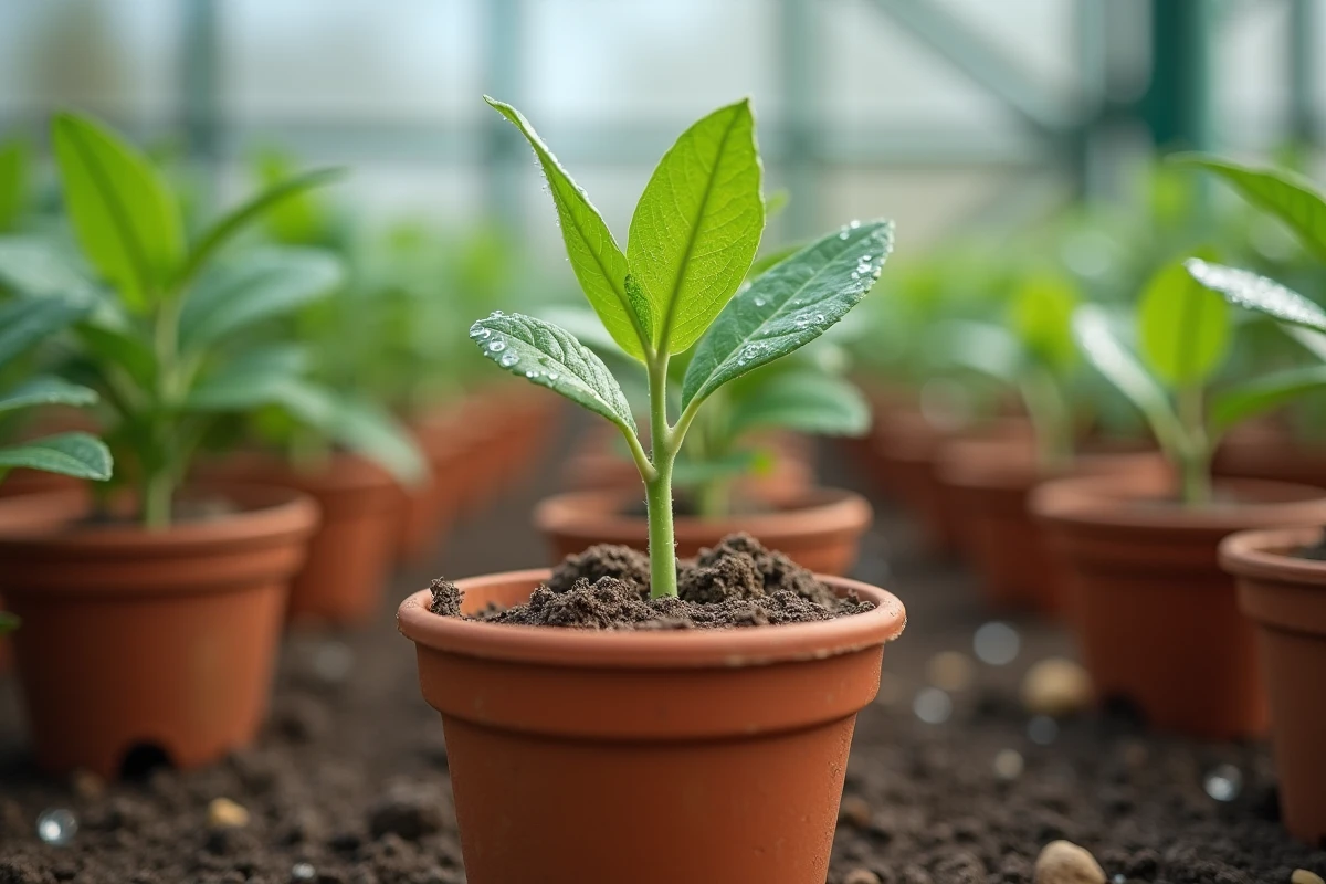 Bouture de noyer plantée dans un pot en terre cuite sur un banc de serre avec substrat de bouturage sableux