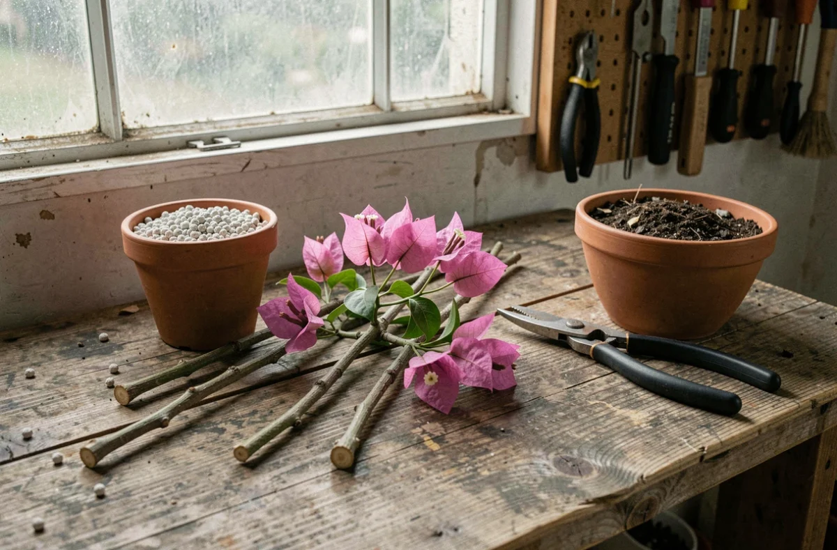 Boutures de bougainvillier sur une table de rempotage en bois avec des pots en terre cuite et un sécateur