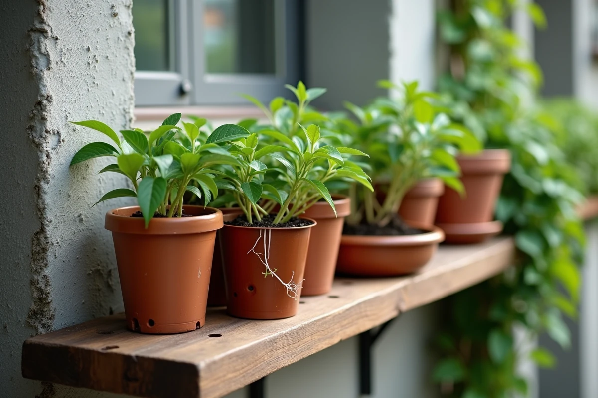Boutures de chèvrefeuille à différents stades d'enracinement dans des pots sur une étagère de balcon