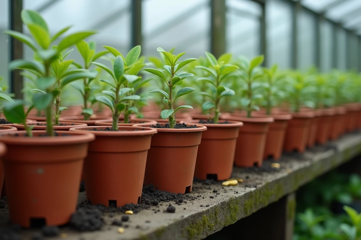 Rangée de pots avec boutures de laurier en cours d'enracinement sur une étagère de serre de jardin