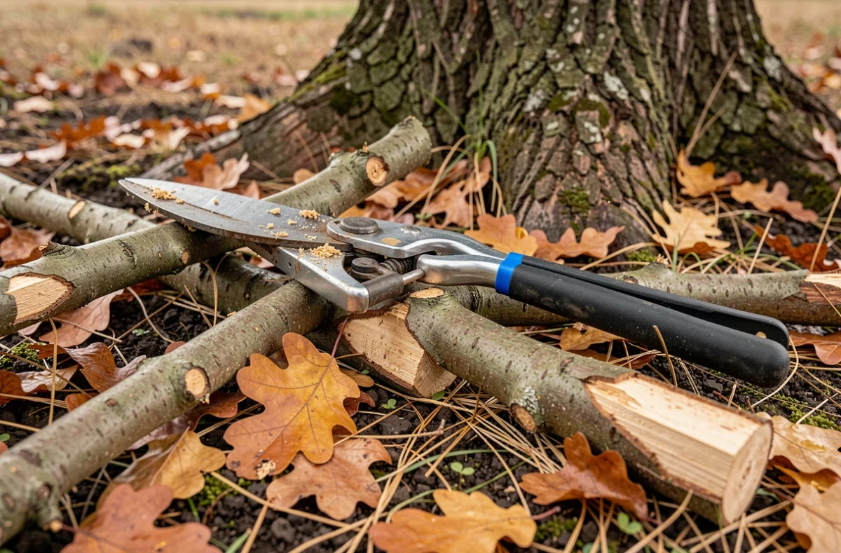 Branches de chêne fraîchement coupées avec un sécateur professionnel au pied d'un chêne en automne
