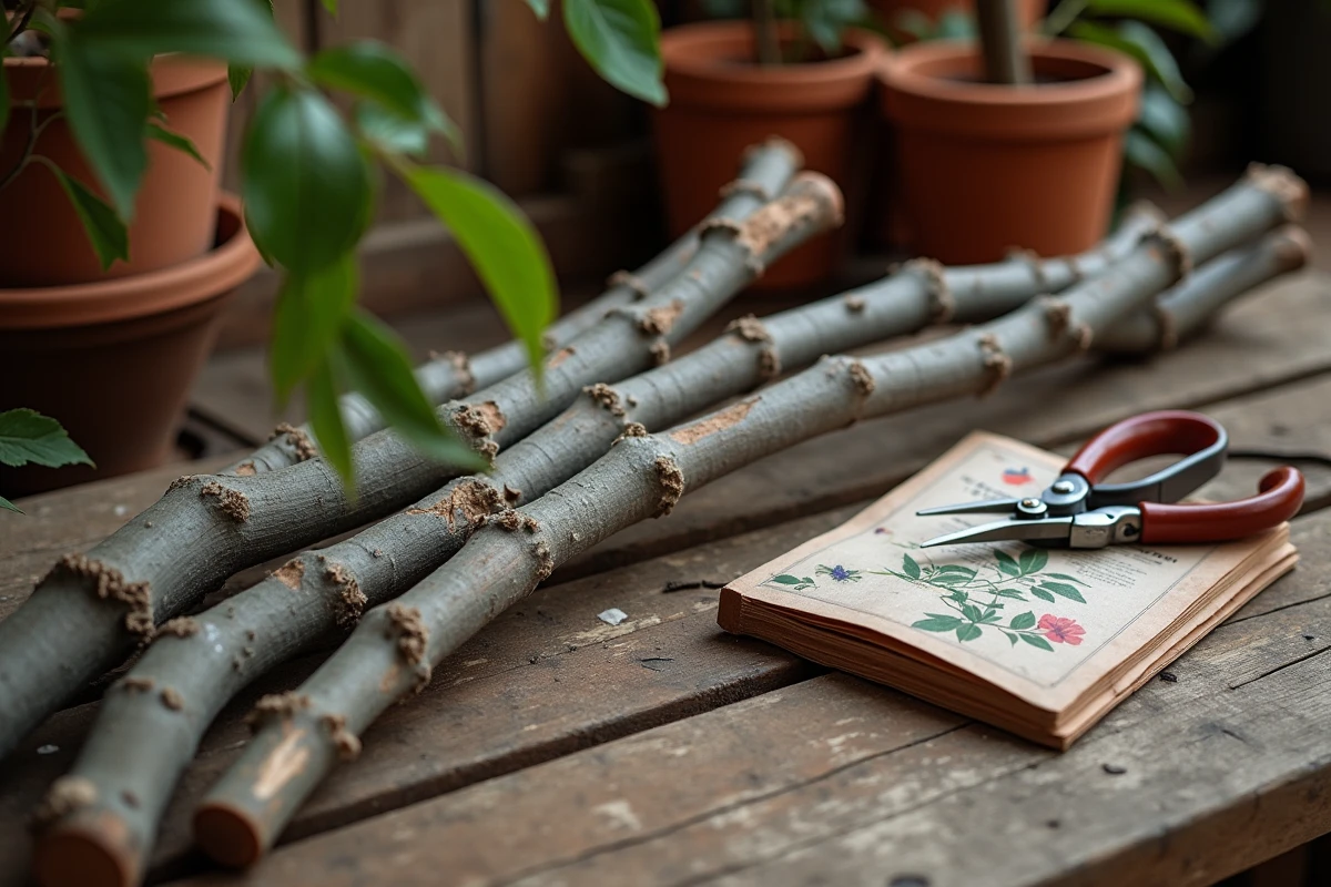Gros plan de branches taillées de lilas des Indes sur un établi en bois avec un sécateur professionnel et un guide de taille botanique