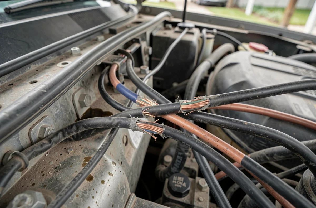 Câbles de moteur de voiture rongés par une fouine, dégâts visibles sur les fils électriques sous le capot