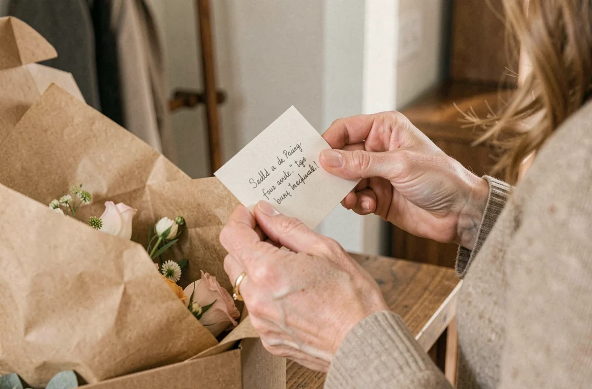Gros plan sur une carte cadeau manuscrite incluse dans une livraison de fleurs Promesse de Fleurs