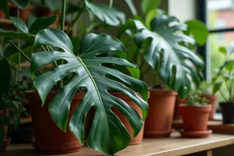 Plant de ceriman en bonne santé exposé dans une pépinière avec de grandes feuilles découpées et des racines aériennes visibles