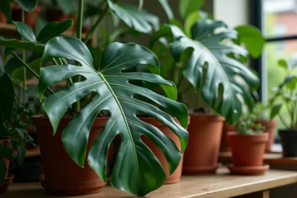 Plant de ceriman en bonne santé exposé dans une pépinière avec de grandes feuilles découpées et des racines aériennes visibles