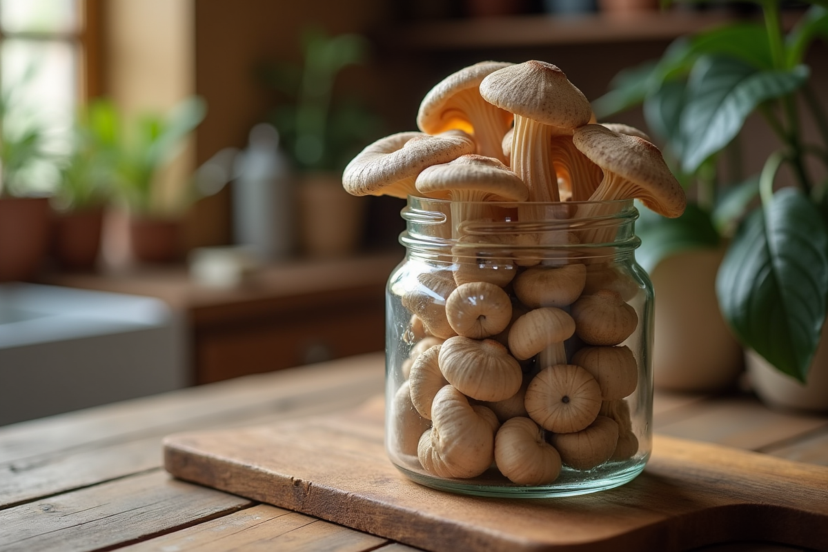 Champignons de chanterelle nettoyes sur une table en bois