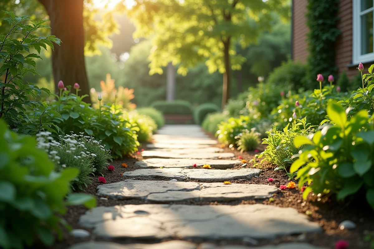 Chemin en pierre bordé de plantes saines avec mauvaises herbes enlevées naturellement