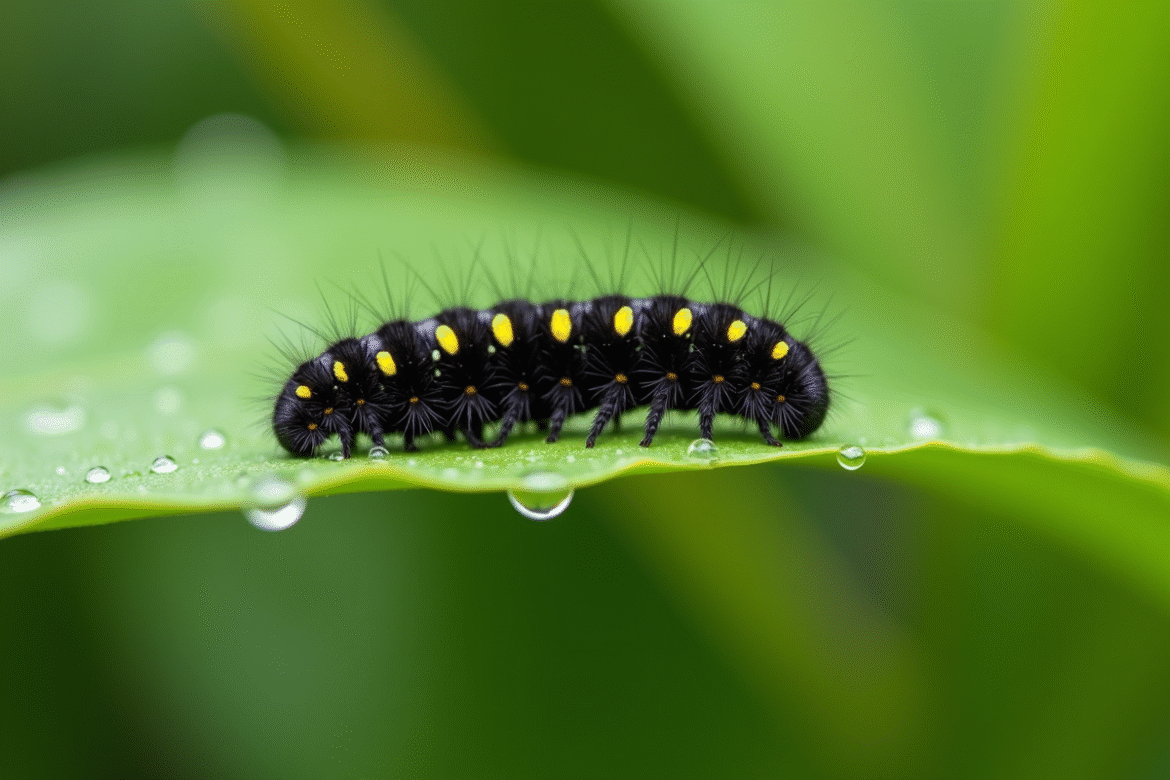 Chenille noire à points jaunes sur une feuille verte