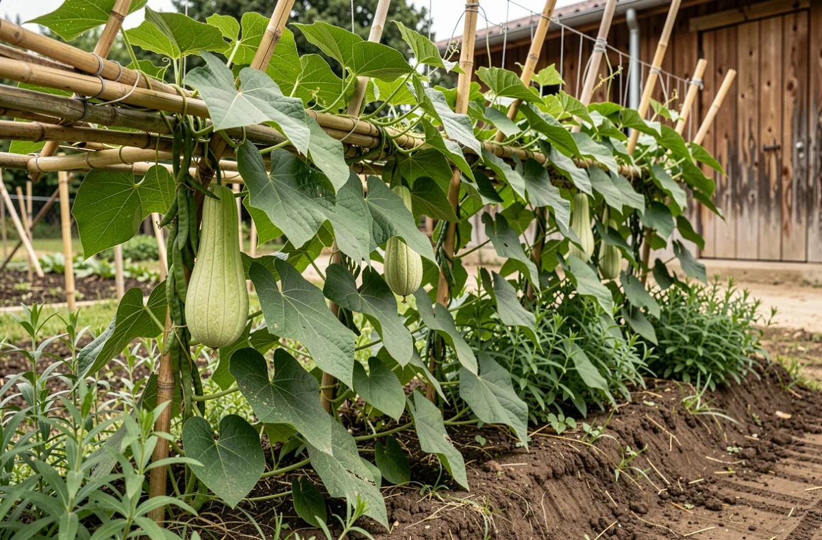Rangée de christophines sur treillage en bambou avec des haricots grimpants et des herbes aromatiques en culture associée dans un jardin potager