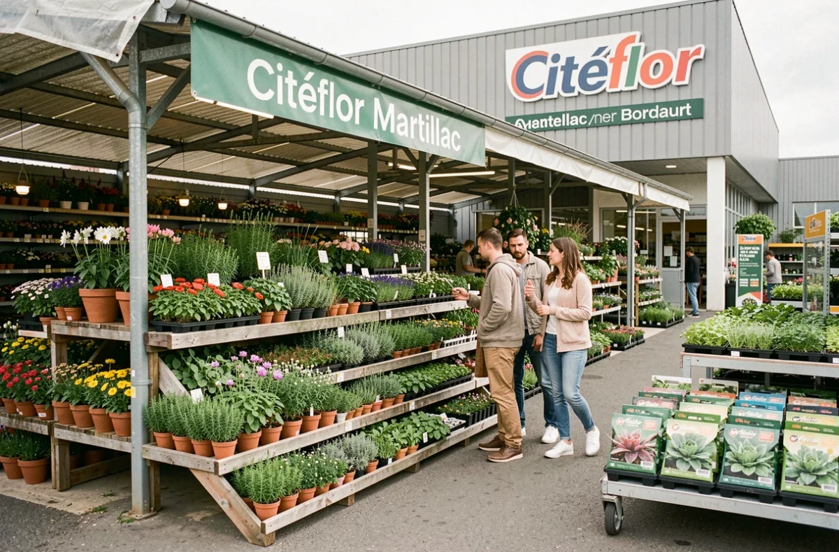 Citéflor à Martillac, jardinerie commerciale avec un marché aux plantes couvert proposant fleurs saisonnières, herbes aromatiques et légumes en godets