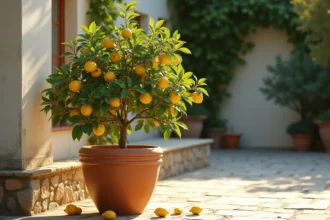 Citronnier en pot avec feuilles jaunissantes et tombées sur un patio en pierre