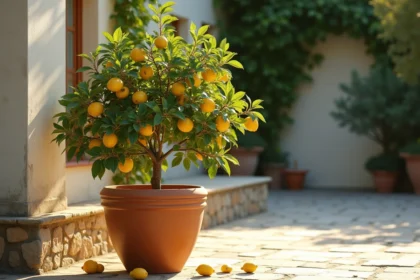 Citronnier en pot avec feuilles jaunissantes et tombées sur un patio en pierre