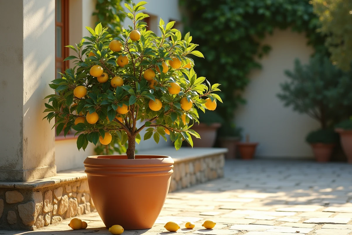 Citronnier en pot avec feuilles jaunissantes et tombées sur un patio en pierre